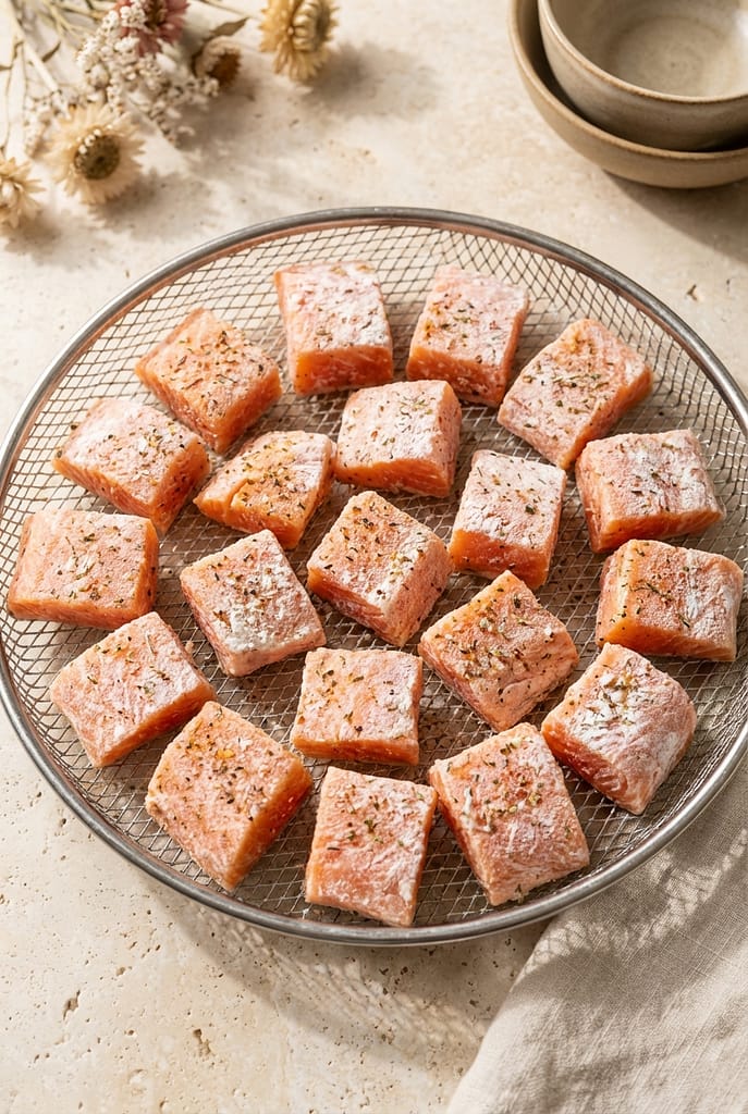 Seasoned salmon cubes arranged in a single layer in an air fryer basket before cooking.
