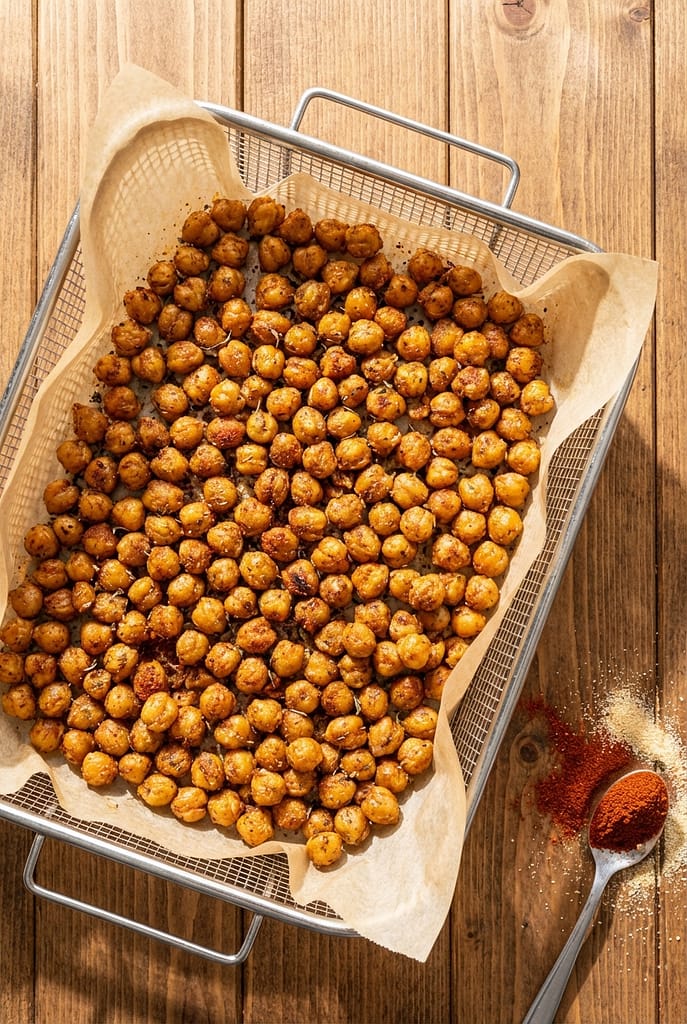 Golden crispy chickpeas cooling in an air fryer basket after cooking.