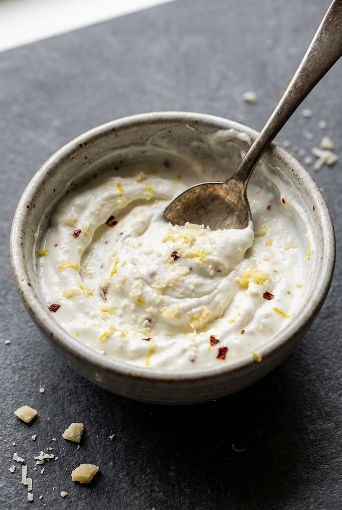 Close-up of creamy Greek yogurt sauce being mixed with parmesan, garlic and lemon zest.