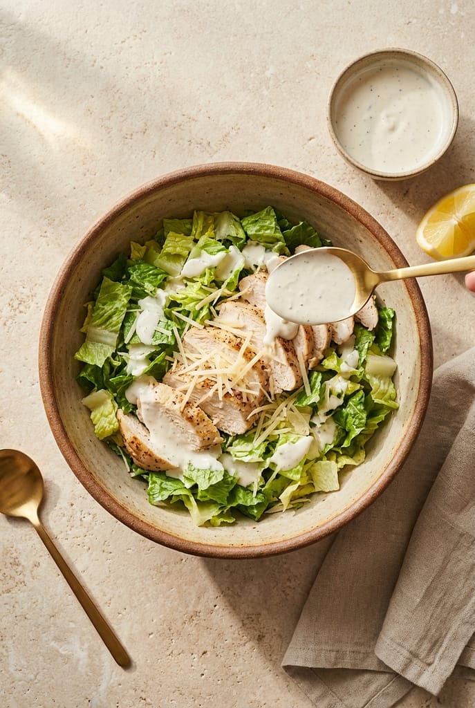 Overhead preparation photo showing romaine, sliced chicken, parmesan and Caesar yogurt dressing being mixed in a bowl.