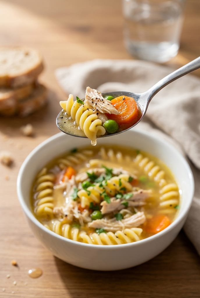 Close up of a spoonful of high protein chicken noodle soup with rotini noodles, shredded chicken, carrots, and peas.