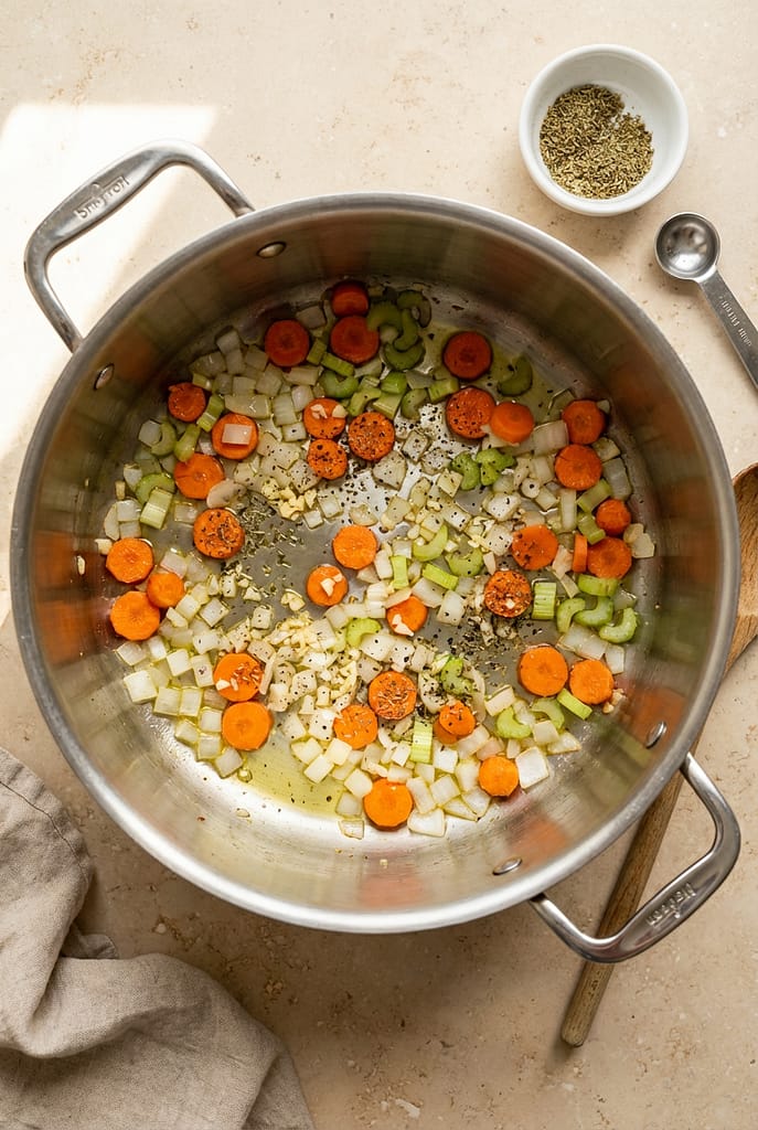Sauteed onions, carrots, celery, and garlic in a pot during the first step of making high protein chicken noodle soup.
