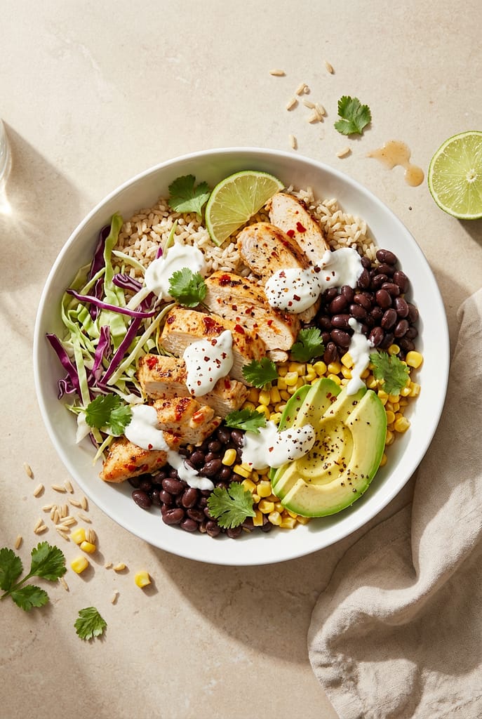 Overhead view of a spicy chili lime chicken breast power bowl with rice, black beans, corn, avocado, cabbage, and yogurt sauce.