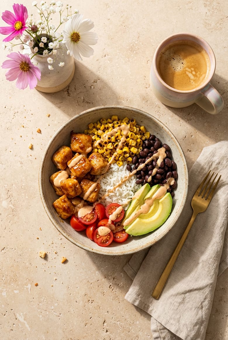 High-protein chicken burrito bowl with rice, avocado, corn and beans on a beige table with soft natural light.