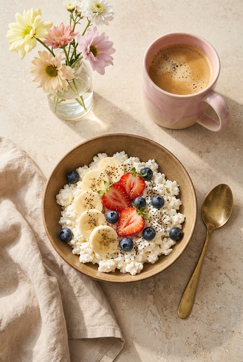 High-protein cottage cheese breakfast bowl topped with berries, banana, and chia seeds.