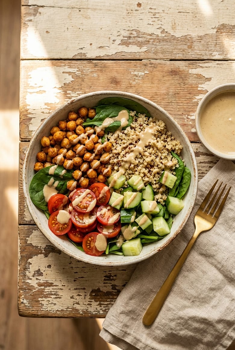 Crispy chickpea and quinoa power bowl with spinach, tomatoes, cucumber and tahini drizzle.