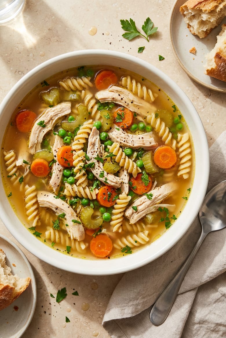 Overhead view of high protein chicken noodle soup with shredded chicken, rotini pasta, carrots, celery, and peas in a clear broth.