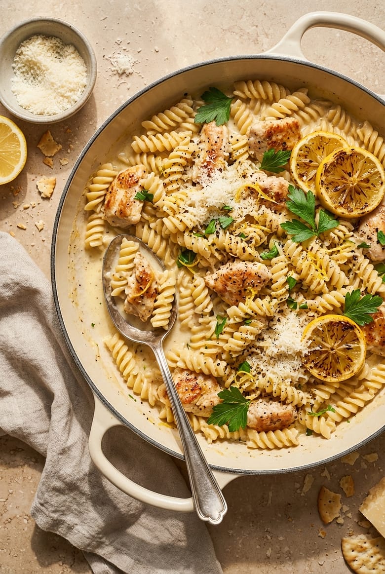 Creamy lemon chicken protein pasta cooked in a skillet with rotini, parmesan, fresh parsley, and lemon slices.