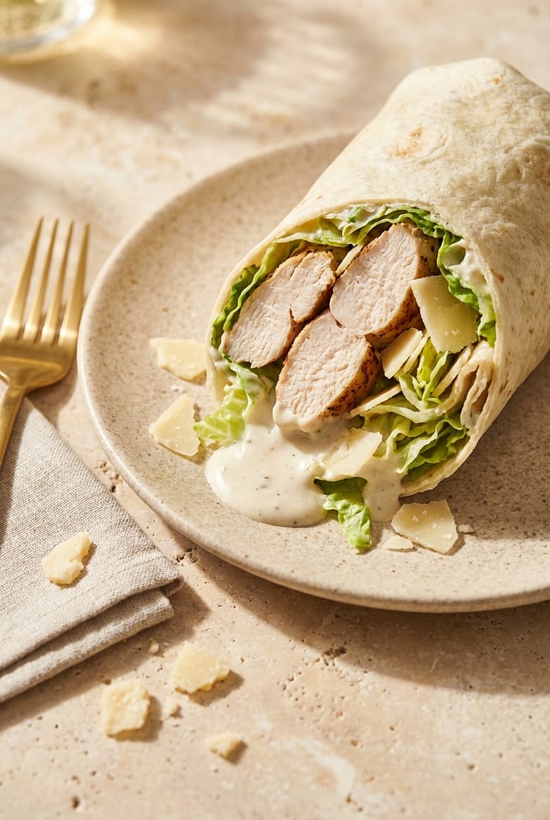 Close-up overhead photo of a high-protein chicken Caesar salad wrap cut in half, showing chicken, romaine, parmesan and creamy dressing on a beige table.