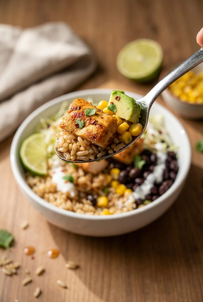 Close up of a spicy chili lime chicken power bowl with tender chicken, brown rice, avocado, corn, and black beans on a spoon.