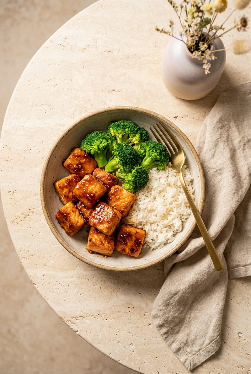 Bowl of crispy air fryer salmon bites with honey garlic glaze served with rice and broccoli on a beige stone table.
