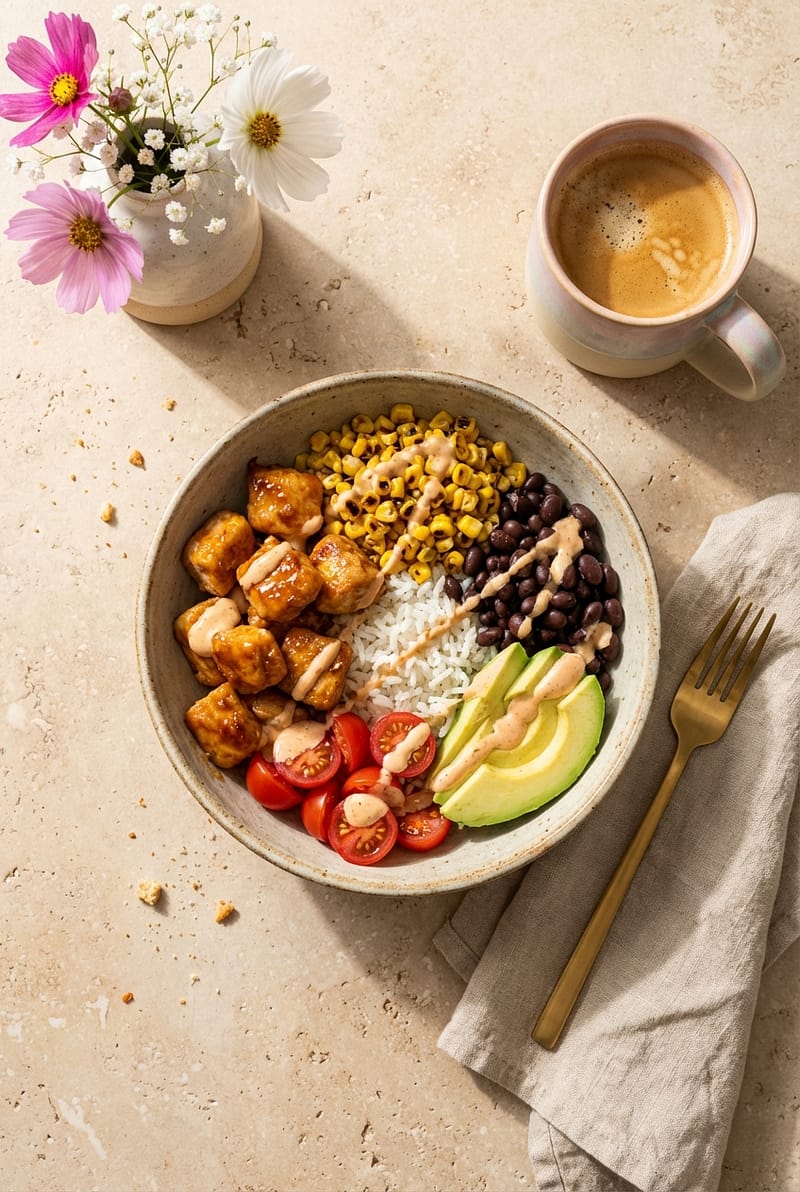 High-protein chicken burrito bowl with rice, avocado, corn and beans on a beige table with soft natural light.