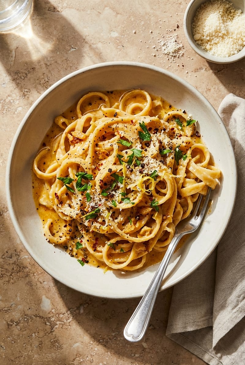 Creamy Greek yogurt pasta topped with parmesan, herbs and pepper, photographed in a vibrant modern food style.