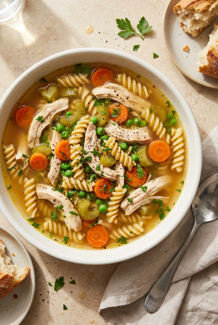 Overhead view of high protein chicken noodle soup with shredded chicken, rotini pasta, carrots, celery, and peas in a clear broth.